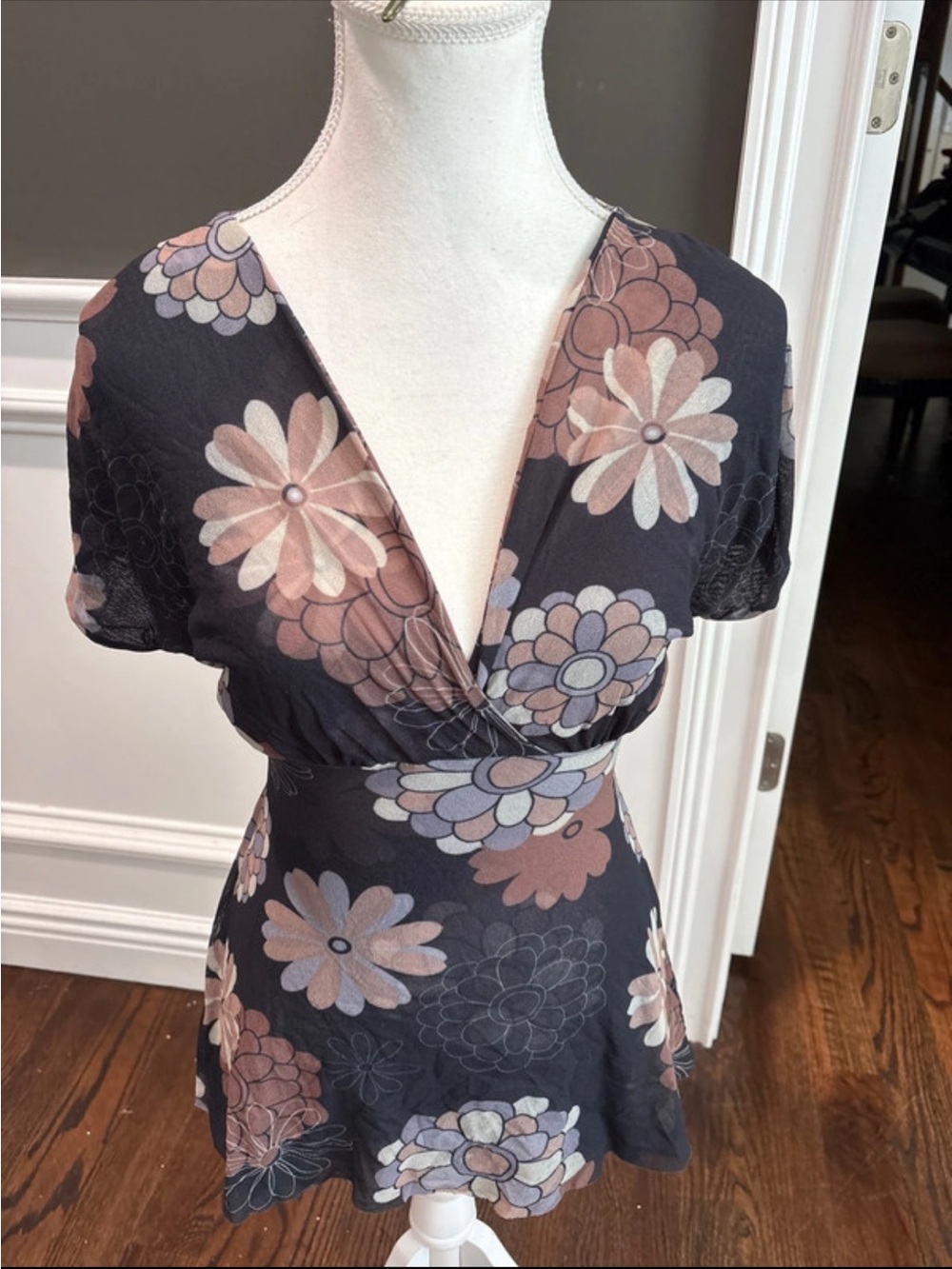 Sweet Pea Black Floral V-Neck Top Babydoll Mesh